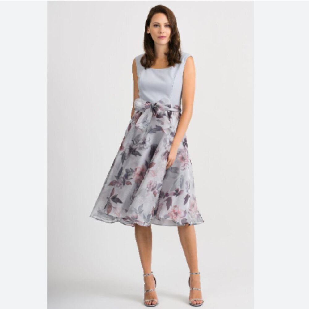 JOSEPH RIBKOFF FLORAL TAFFETA SLEEVELESS A-LINE BELTED DRESS IN SOFT BLUE - 14